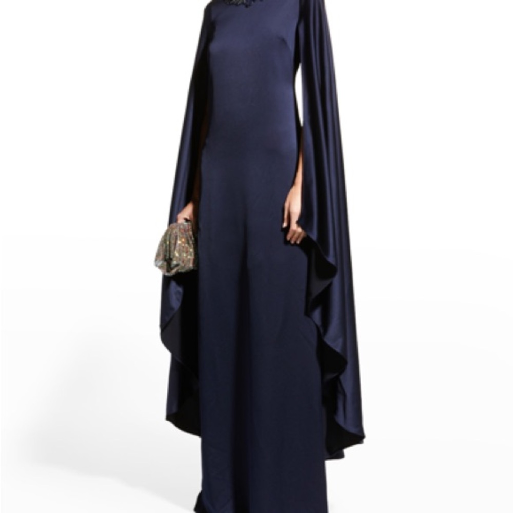 Ricki Freeman for Teri Jon Beaded Cape Sleeve Satin Dress